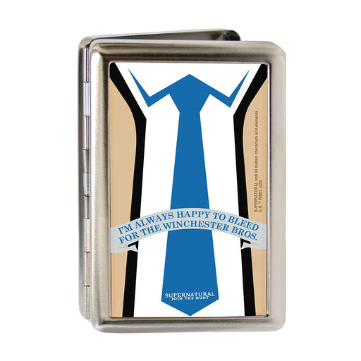 Business Card Holder - LARGE - Supernatural Castiel Tie ALWAYS HAPPY TO BLEED Quote FCG Metal ID Cases Supernatural   