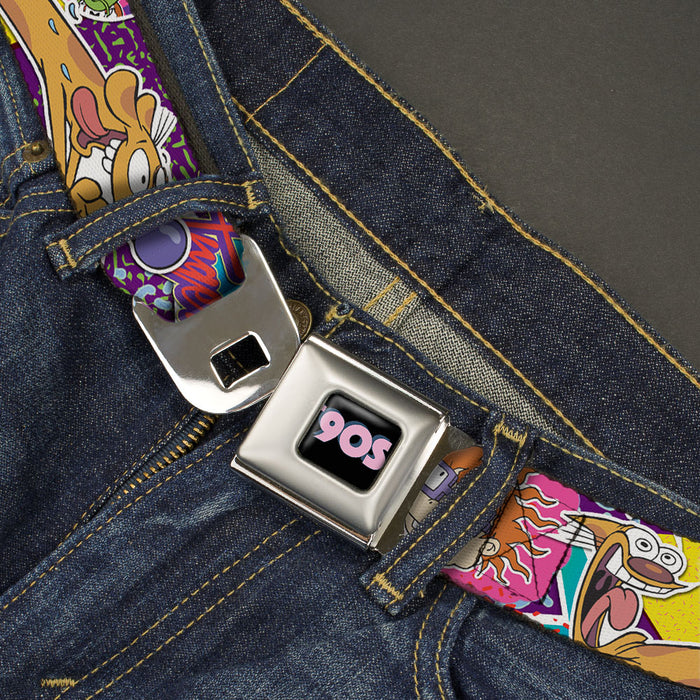 Nick 90'S Rewind Icon Full Color Black/Blue/Pink Seatbelt Belt - Nick 90's Rewind 7-Character/4-Logo Collage Webbing Seatbelt Belts Nickelodeon   
