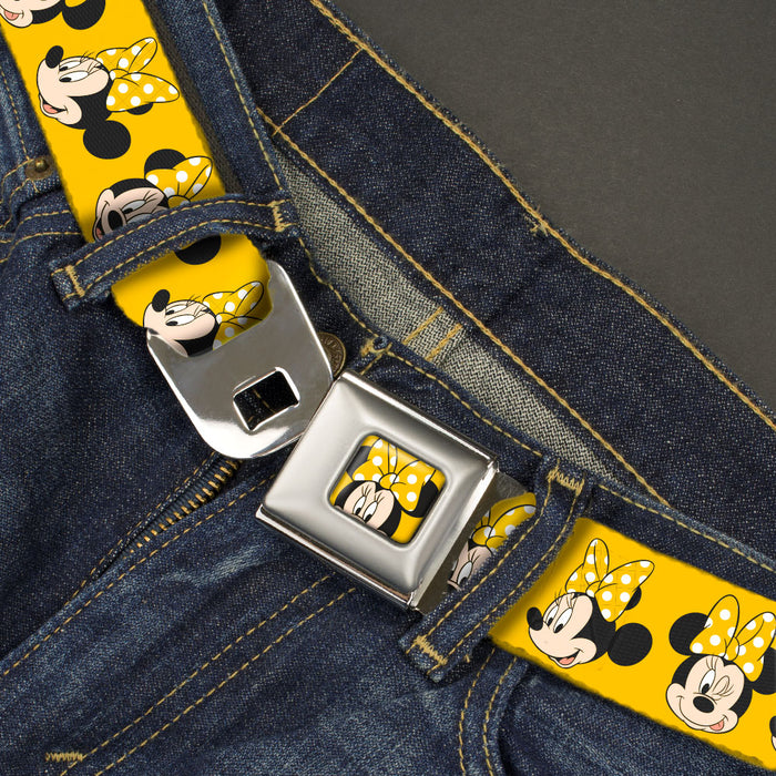 Minnie Mouse w/Bow CLOSE-UP Full Color Yellow/White Seatbelt Belt - Minnie Mouse Yellow Bow Expressions Yellow Webbing Seatbelt Belts Disney   