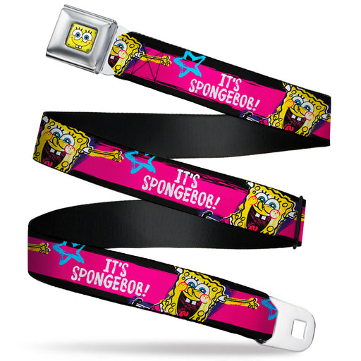 Sponge Bob Face CLOSE-UP Full Color Seatbelt Belt - SpongeBob Pose IT'S SPONGEBOB! Stripe Black/Pink/Blue/White Webbing Seatbelt Belts Nickelodeon   