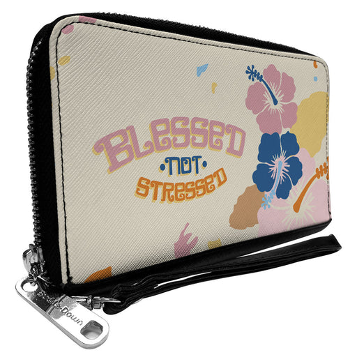 PU Zip Around Wallet Rectangle - BLESSED NOT STRESSED Quote Tropical Flowers Beige Multi Color Clutch Zip Around Wallets Buckle-Down   