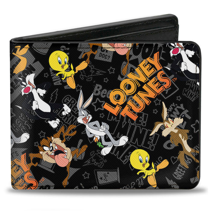 Bi-Fold Wallet - LOONEY TUNES 6-Character Poses Elements Scattered Black Gray Oranges Bi-Fold Wallets Looney Tunes   