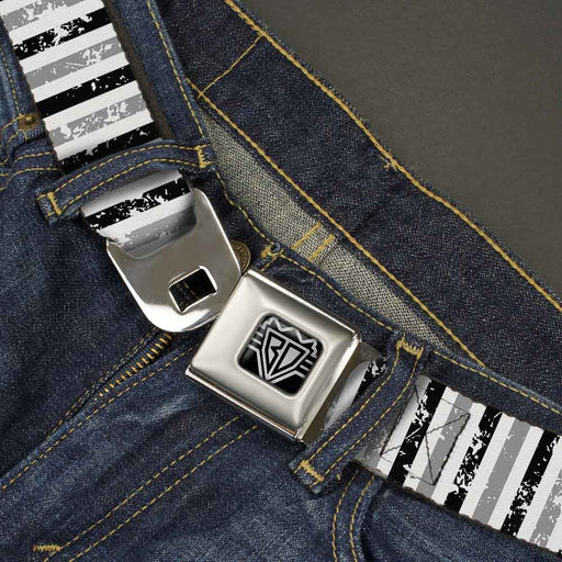 BD Wings Logo CLOSE-UP Full Color Black Silver Seatbelt Belt - Vertical Stripes White/Black/Gray Webbing Seatbelt Belts Buckle-Down   