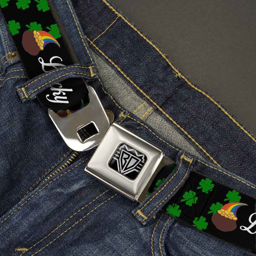 BD Wings Logo CLOSE-UP Full Color Black Silver Seatbelt Belt - St. Pat's LUCKY Pot of Gold/Shamrocks Scattered Black/Green/White Webbing Seatbelt Belts Buckle-Down   