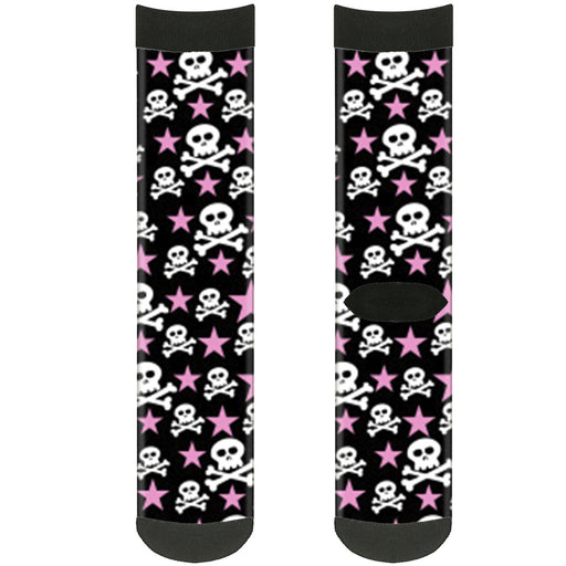Sock Pair - Polyester - Skulls & Stars Black White Pink - CREW Socks Buckle-Down   