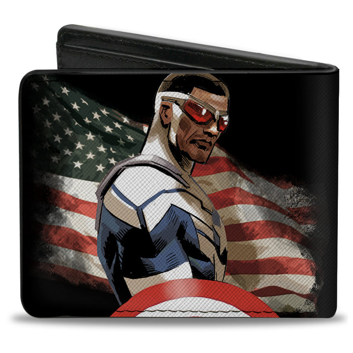 MARVEL AVENGERS Bi-Fold Wallet - Captain America Sam Wilson American Flag Pose Black Bi-Fold Wallets Marvel Comics   