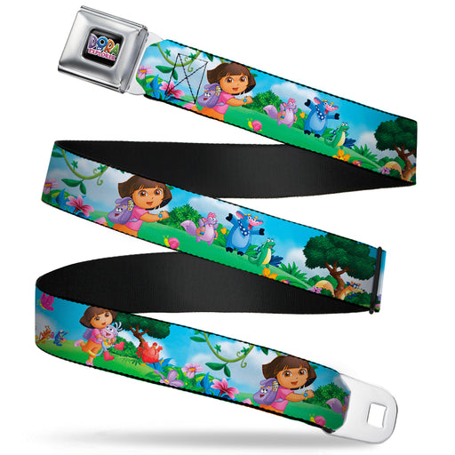 DORA THE EXPORER Logo Full Color Black Seatbelt Belt - Dora Running & Animal Friends Outdoors Webbing Seatbelt Belts Nickelodeon   