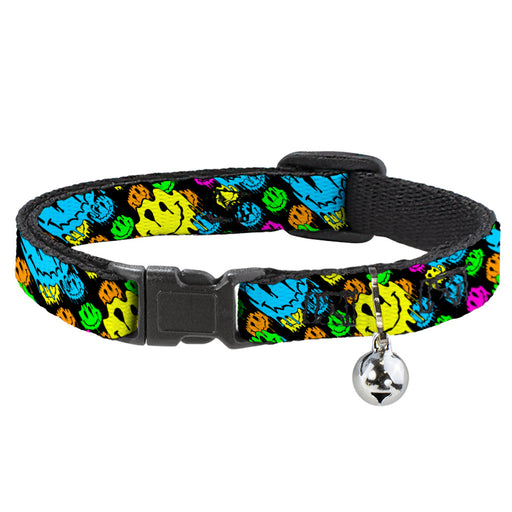 Cat Collar Breakaway with Bell - Smiley Faces Melted Stacked Black Multi Neon Breakaway Cat Collars Buckle-Down   