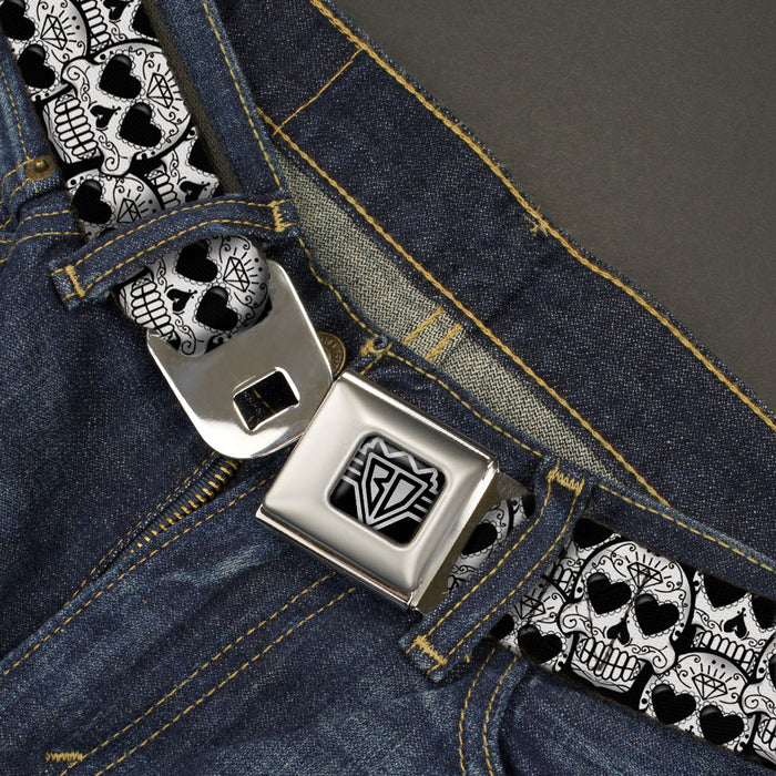 BD Wings Logo CLOSE-UP Full Color Black Silver Seatbelt Belt - Diamond Sugar Skull Stacked Black/Silver Fade/White Webbing Seatbelt Belts Buckle-Down   