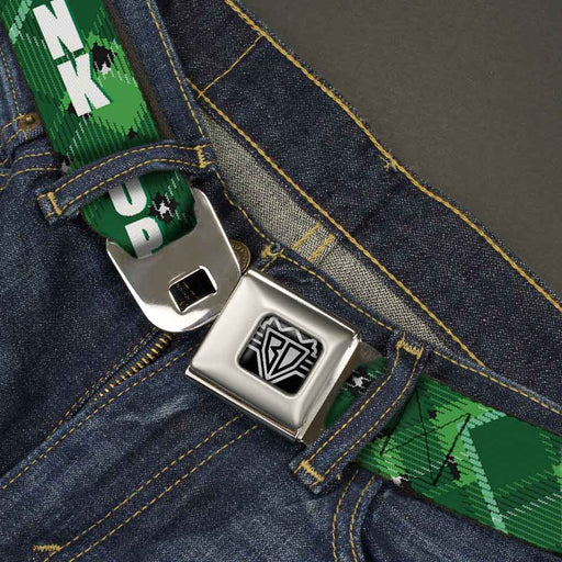 BD Wings Logo CLOSE-UP Full Color Black Silver Seatbelt Belt - St. Pat's DRINK UP BITCHES/Beer Mugs/Stacked Shamrocks Greens/White/Gold Webbing Seatbelt Belts Buckle-Down   