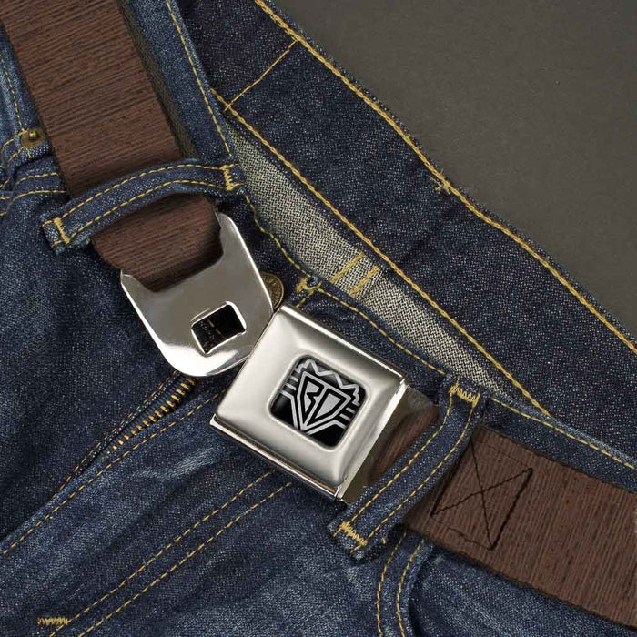 BD Wings Logo CLOSE-UP Full Color Black Silver Seatbelt Belt - Wood Grain Vertical Brown Webbing Seatbelt Belts Buckle-Down   
