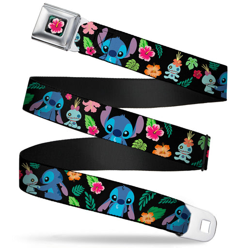 Lilo & Stitch Hibiscus Flower Full Color Black Pink Seatbelt Belt - Stitch & Scrump Poses/Tropical Flora Webbing Seatbelt Belts Disney   