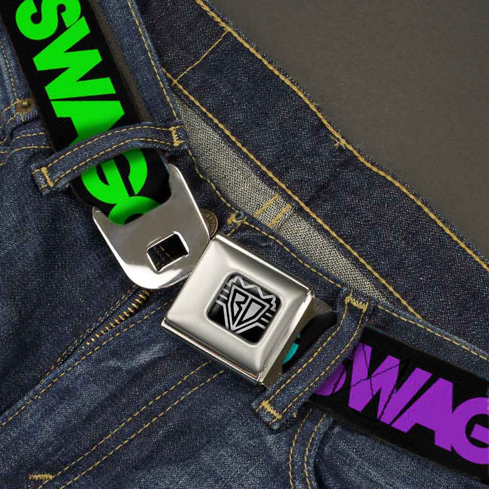 BD Wings Logo CLOSE-UP Full Color Black Silver Seatbelt Belt - SWAGG Black/Hot Pink/Turquoise/Purple/Neon Green Webbing Seatbelt Belts Buckle-Down   