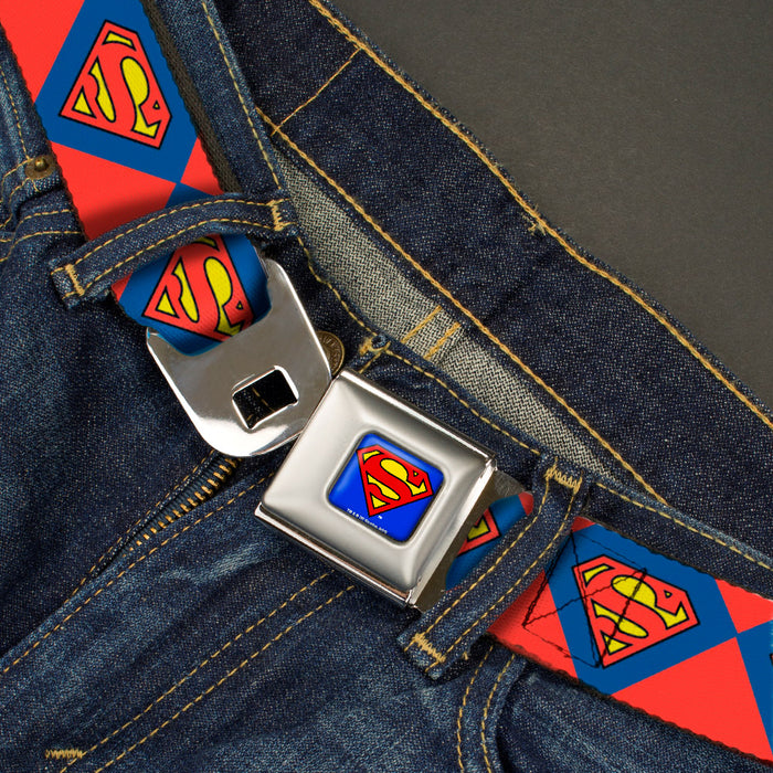 Superman Full Color Blue Seatbelt Belt - Superman Shield Diamond Outline Red/Blue/Yellow Webbing Seatbelt Belts DC Comics   