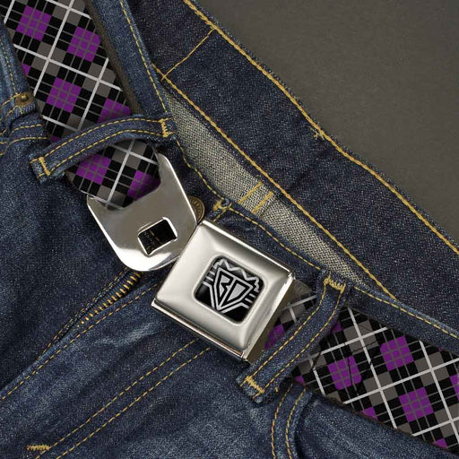 BD Wings Logo CLOSE-UP Full Color Black Silver Seatbelt Belt - Argyle Black/Gray/Purple Webbing Seatbelt Belts Buckle-Down   