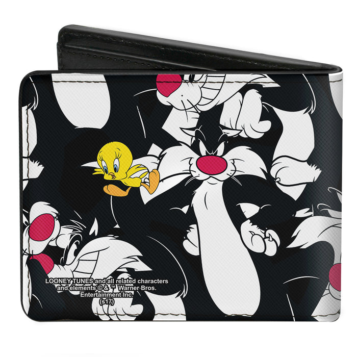 Bi-Fold Wallet - Sylvester and Tweety Poses Scattered Black Bi-Fold Wallets Looney Tunes   