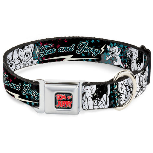 Tom and Jerry Logo Full Color Black Red Seatbelt Buckle Collar - TOM & JERRY Face & Pose Sketch Black/White/Red/Blue Seatbelt Buckle Collars Tom and Jerry   