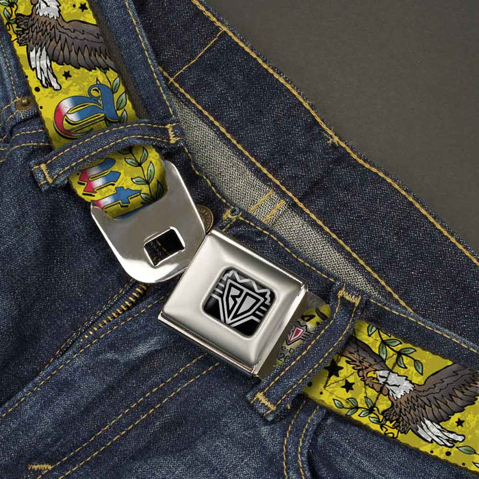 BD Wings Logo CLOSE-UP Full Color Black Silver Seatbelt Belt - Truth and Justice Yellow Webbing Seatbelt Belts Buckle-Down   