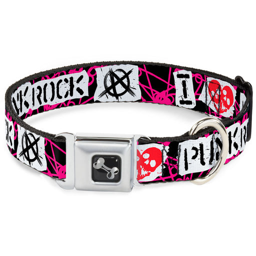 Dog Bone Seatbelt Buckle Collar - I Heart Punk Rock w/Safety Pins Black/Fuchsia/White Seatbelt Buckle Collars Buckle-Down   