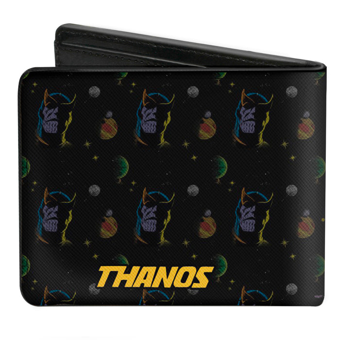 MARVEL COMICS Bi-Fold Wallet - Thanos Holding Cosmic Cube Pose + Text Logo Face Planets Black Multi Color Yellow Bi-Fold Wallets Marvel Comics   