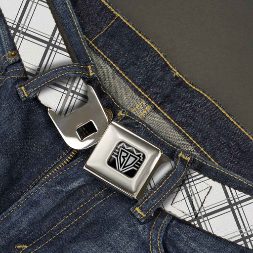 BD Wings Logo CLOSE-UP Full Color Black Silver Seatbelt Belt - Plaid X White/Gray Webbing Seatbelt Belts Buckle-Down   