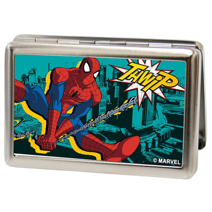 ULTIMATE SPIDER-MAN Business Card Holder - LARGE - Spider-Man Swinging THWIP Pose Skyline FCG Turquoise Black Yellows Metal ID Cases Marvel Comics   