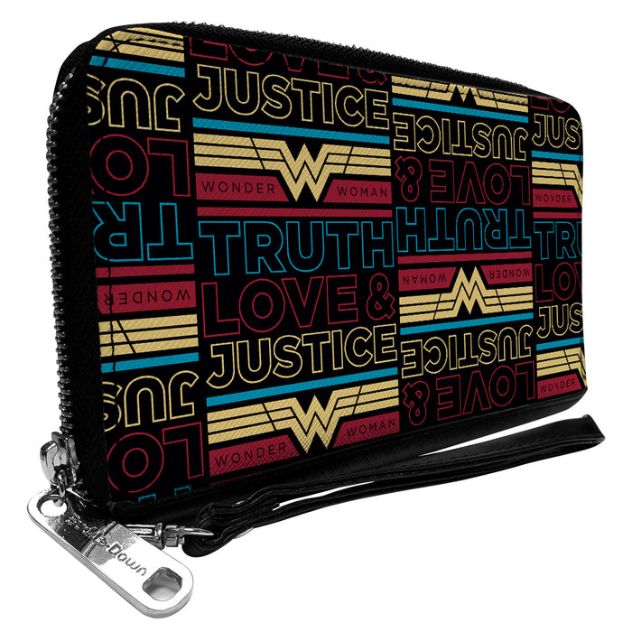 Women's PU Zip Around Wallet Rectangle - Wonder Woman 1984 TRUTH LOVE & JUSTICE Black Blue Red Gold Clutch Zip Around Wallets DC Comics   