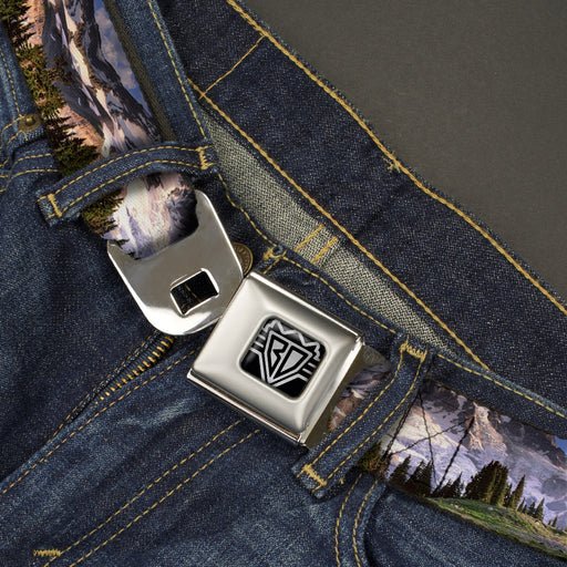 BD Wings Logo CLOSE-UP Full Color Black Silver Seatbelt Belt - Washington MT. RAINIER Valley Landscape Webbing Seatbelt Belts Buckle-Down   