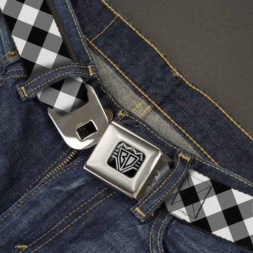 BD Wings Logo CLOSE-UP Full Color Black Silver Seatbelt Belt - Diagonal Buffalo Plaid Black/White Webbing Seatbelt Belts Buckle-Down   