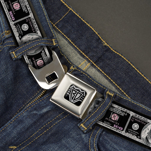 BD Wings Logo CLOSE-UP Full Color Black Silver Seatbelt Belt - 100 Dollar Bill X-Ray Black/White Webbing Seatbelt Belts Buckle-Down   