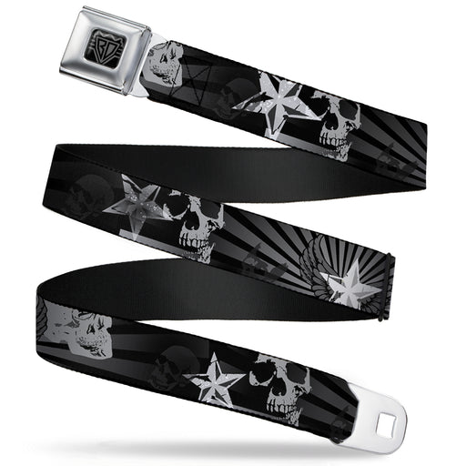 BD Wings Logo CLOSE-UP Full Color Black Silver Seatbelt Belt - Die Hard Skulls & Stars1 Black/Grays Webbing Seatbelt Belts Buckle-Down   