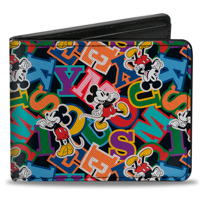Bi-Fold Wallet - Mickey Mouse Poses and Letters Collage Black Multi Color Bi-Fold Wallets Disney   