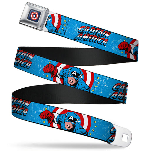 MARVEL COMICS Captain America Shield Full Color Navy Seatbelt Belt - CAPTAIN AMERICA w/Action Pose Weathered Blue Webbing Seatbelt Belts Marvel Comics   