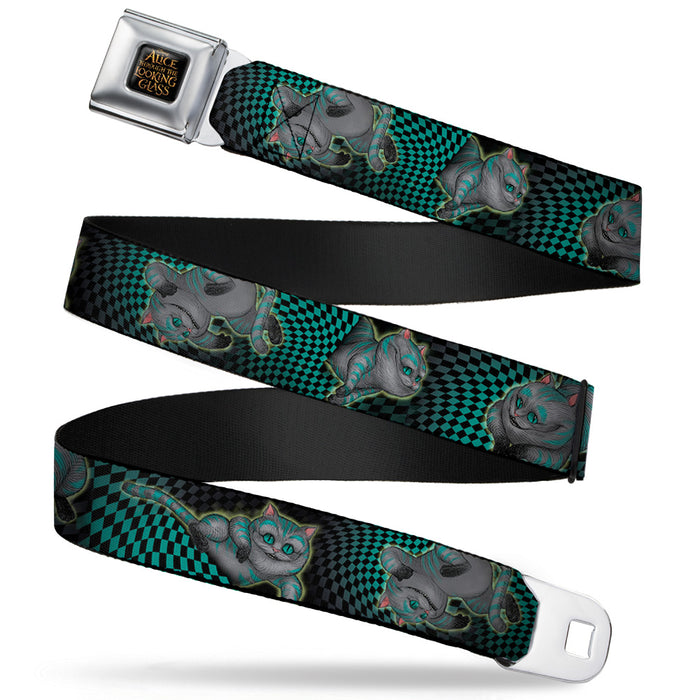 ALICE THROUGH THE LOOKING GLASS Logo Full Color Black Gold Seatbelt Belt - Cheshire Cat 4-Poses Checkers Teal/Black Webbing Seatbelt Belts Disney   
