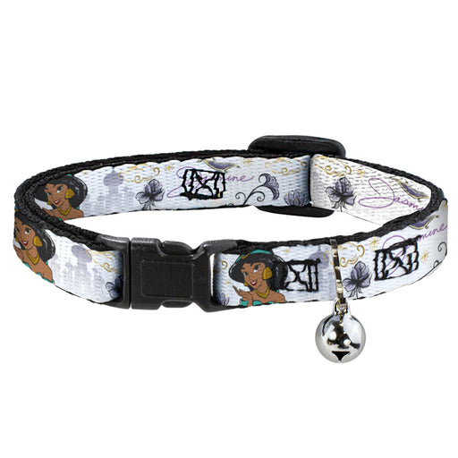Cat Collar Breakaway with Bell - Aladdin Jasmine Palace Pose with Script and Flowers White Purples - NARROW Fits 8.5-12" Breakaway Cat Collars Disney   