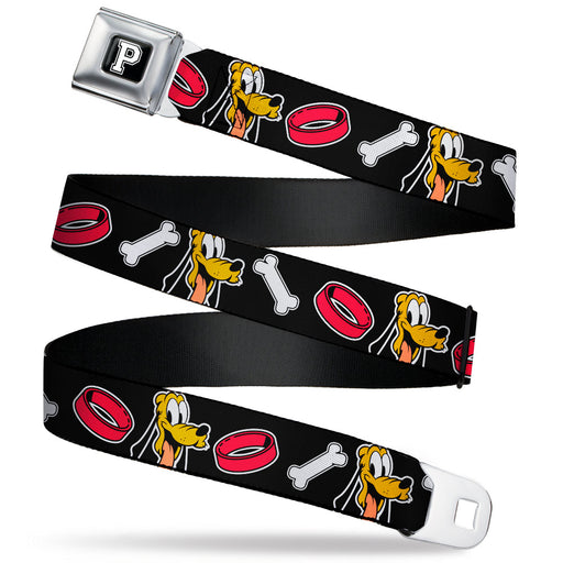 Disney Pluto "P" Logo Full Color Black/White Seatbelt Belt - Disney Pluto Smiling Face/Bone/Collar Black Webbing Seatbelt Belts Disney   