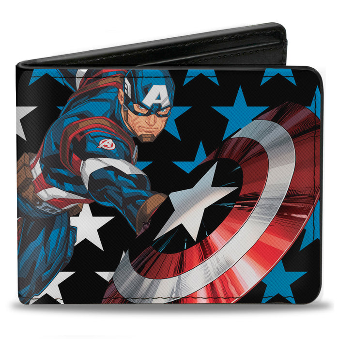 MARVEL AVENGERS Bi-Fold Wallet - Captain America Throwing Shield Pose Stars Black Blue White Red Bi-Fold Wallets Marvel Comics   