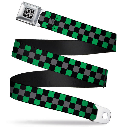 BD Wings Logo CLOSE-UP Full Color Black Silver Seatbelt Belt - Checker Black/Gray/2 Green Webbing Seatbelt Belts Buckle-Down   