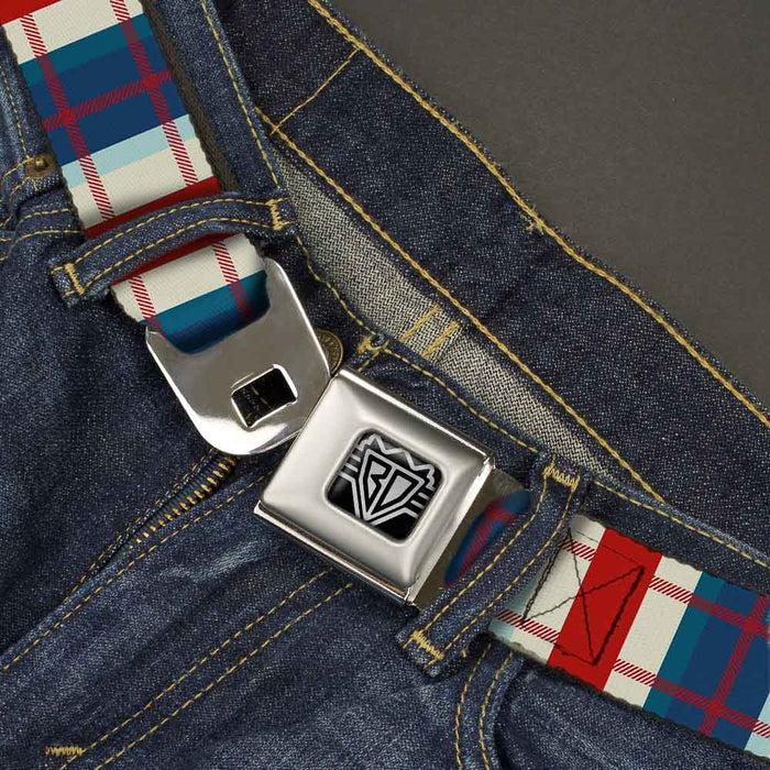 BD Wings Logo CLOSE-UP Full Color Black Silver Seatbelt Belt - Tartan Plaid Khaki/Blues/Red Webbing Seatbelt Belts Buckle-Down   