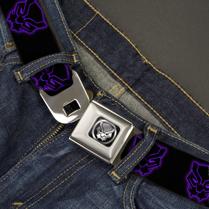 Black Panther Avengers Icon Black/Silver Seatbelt Belt - Black Panther Avengers Icon Outline Black/Purple Webbing Seatbelt Belts Marvel Comics   