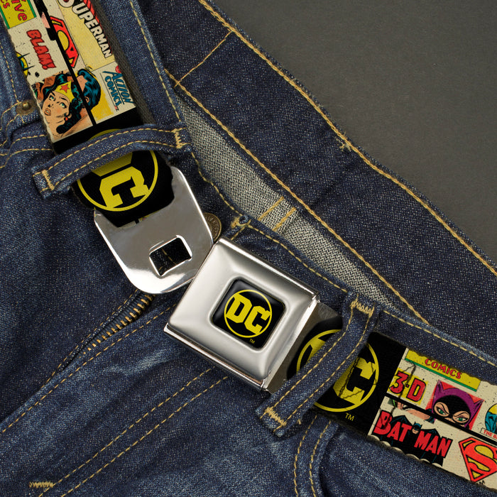 Vintage DC Comics Logo Full Color Black/Yellow Seatbelt Belt - Vintage DC Comics Superhero and Logos Collage Black Webbing Seatbelt Belts DC Comics   