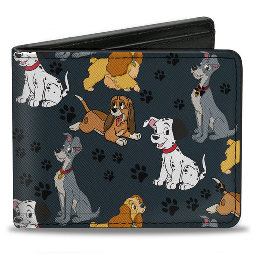 Bi-Fold Wallet - Disney Dogs 4-Dog Group Collage Paws Gray Black Bi-Fold Wallets Disney   