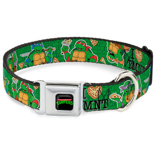 Classic TEENAGE MUTANT NINJA TURTLES Logo Seatbelt Buckle Collar - I "HEART" TMNT/Classic Turtles & Pizza Green Seatbelt Buckle Collars Nickelodeon   