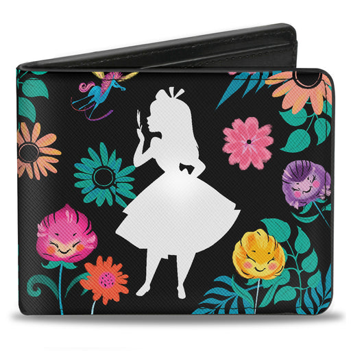 Bi-Fold Wallet - Alice Pose Silhouette + CURIOUSER AND CURIOUSER Floral Collage Black White Multi Color Bi-Fold Wallets Disney   
