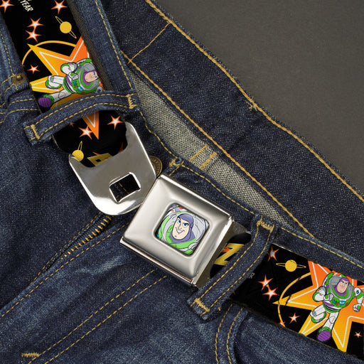 Toy Story Buzz Lightyear Smiling CLOSE-UP Full Color Seatbelt Belt - Toy Story BUZZ LIGHTYEAR Running Pose/Stars Black/Orange/Yellow Webbing Seatbelt Belts Disney   