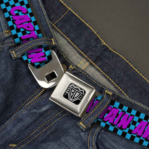 BD Wings Logo CLOSE-UP Full Color Black Silver Seatbelt Belt - CAPTAIN AWESOME Turquoise Checker/Fuchsia Webbing Seatbelt Belts Buckle-Down   