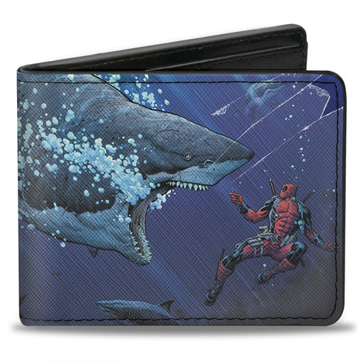 MARVEL DEADPOOL Bi-Fold Wallet - Deadpool Underwater Shark Scenes Blues Bi-Fold Wallets Marvel Comics   