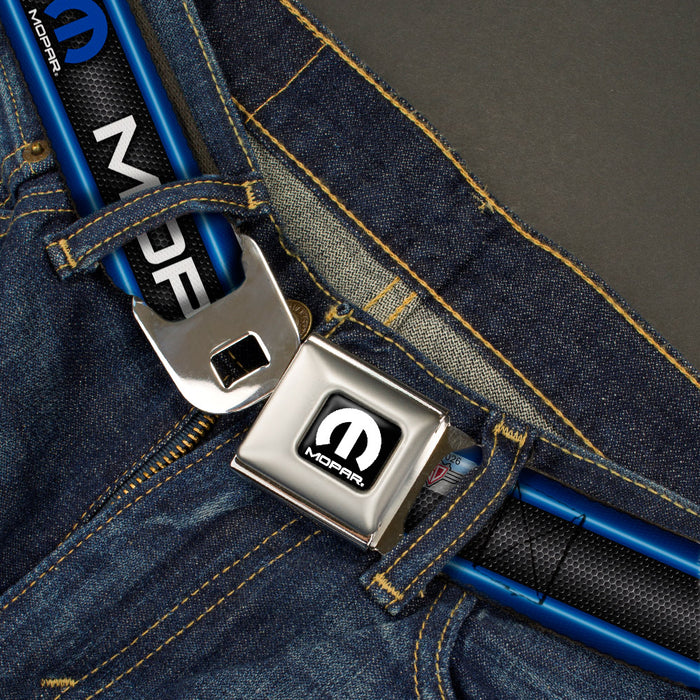 MOPAR Logo Full Color Black White Seatbelt Belt - MOPAR Text/Logo/Stripe/Grill Black/Grays/Blue Glow/White Webbing Seatbelt Belts Mopar   