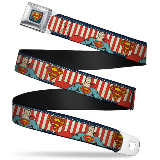 Superman Shield Full Color Americana Blue Seatbelt Belt - Superman Pose/Shield Americana Blue/White/Red/White Webbing Seatbelt Belts DC Comics   