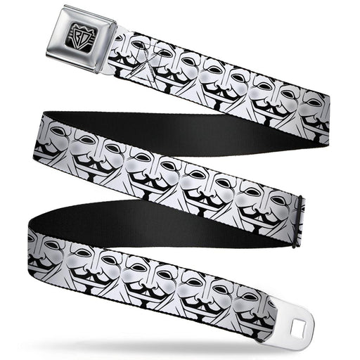 BD Wings Logo CLOSE-UP Full Color Black Silver Seatbelt Belt - Anonymous Face CLOSE-UP Repeat White/Black/Gray Webbing Seatbelt Belts Buckle-Down   